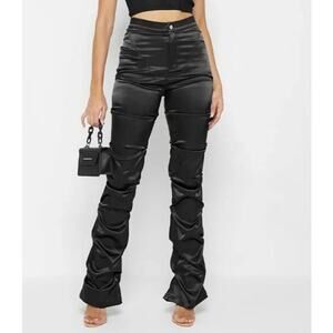 Maniere De Voir Tacked Satin Flared Trouser Ruched Stretch Pants, Black